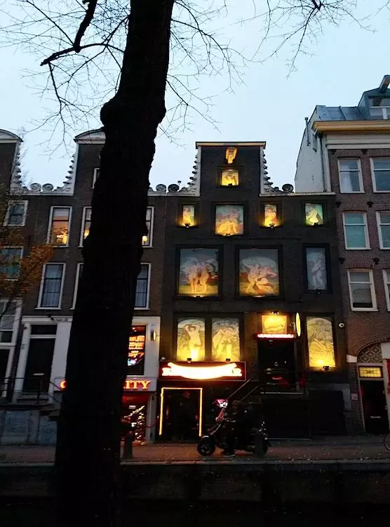 Front view of the Banana Bar on Oudezijds Achterburgwal in the Amsterdam Red Light District