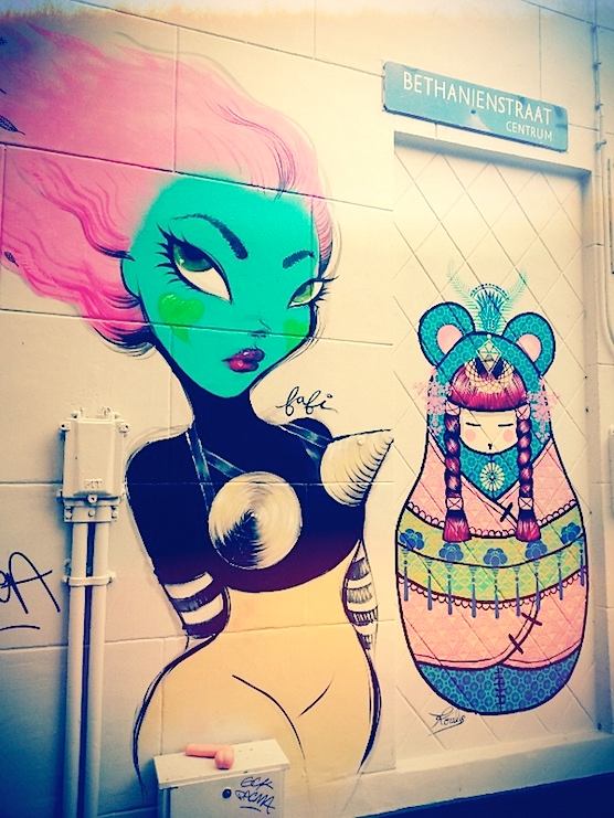 Street Art in Amsterdam. Awesome painting by Fafi in the Red Light District.