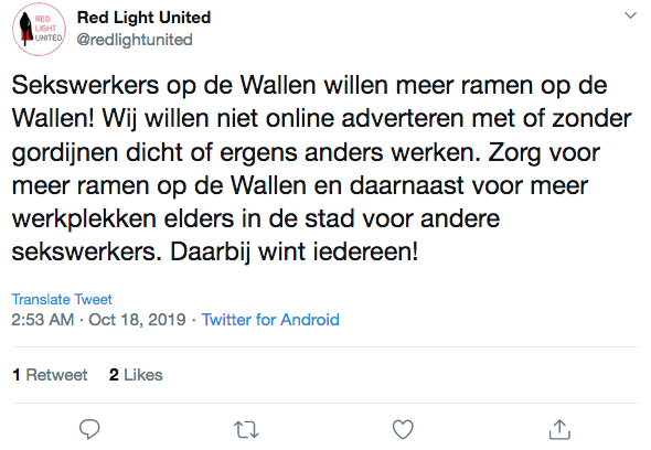 Tweet from Amsterdam Sex Workers Union