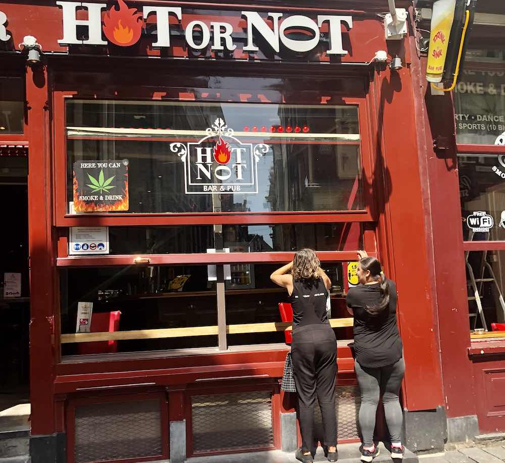 the front of Hot or Not bar on the Warmoesstraat in Amsterdam Red Light District