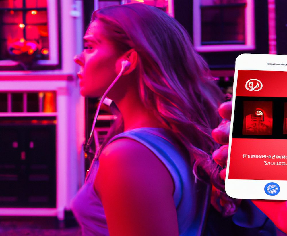 A woman taking a Red Light District tour in Amsterdam with an app that offers audio stories
