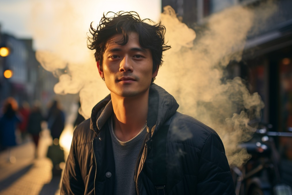 Young man on the streets of Amsterdam surrounded by smoke of weed.