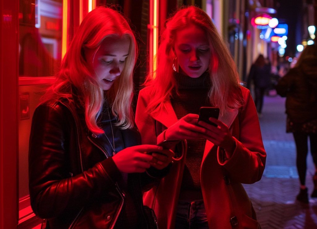 Two blonde women in the Red Light District holding their smartphones and checking for Amsterdam apps. Tourists in the background.