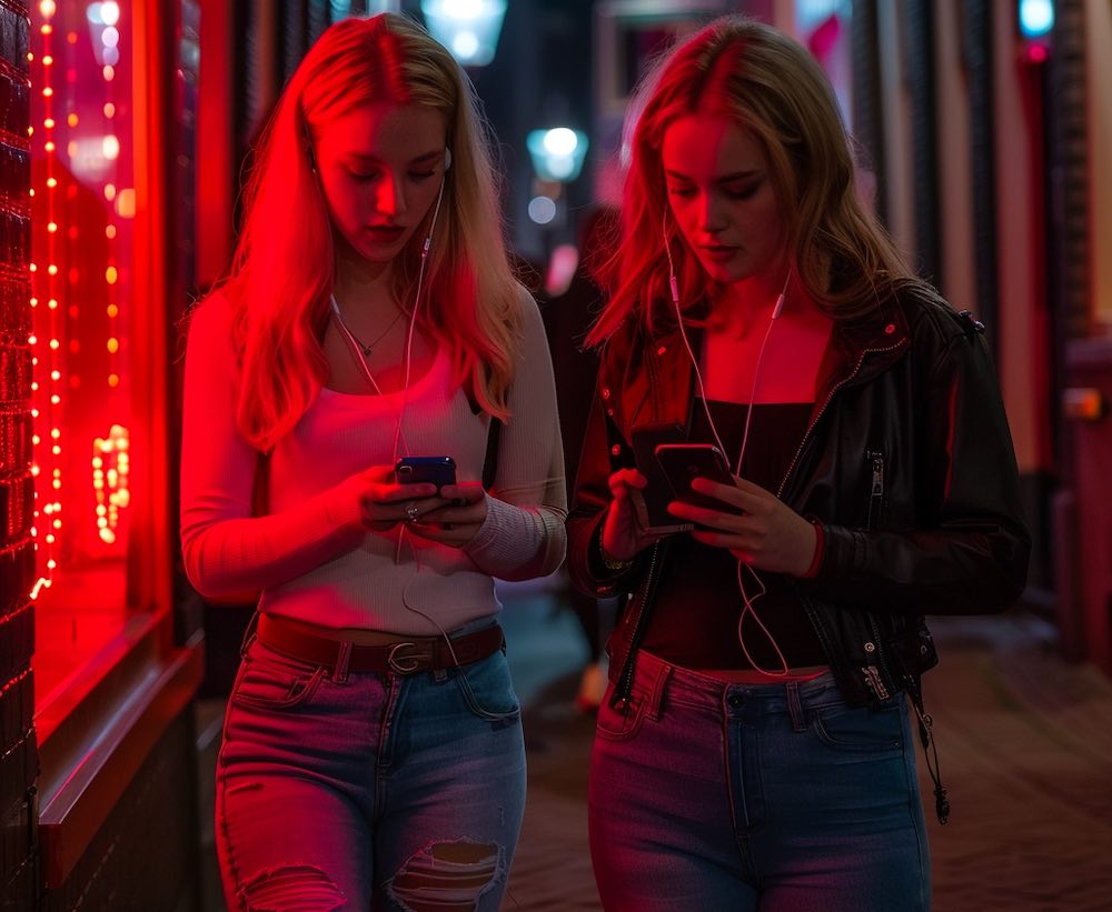 Two female tourists doing an Amsterdam Red Light District tour with red light windows on left and right of the street.