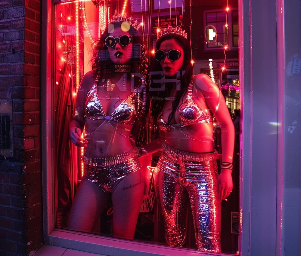 two women wearing a disco outfit standing in a red-lit window in Amsterdam Red Light District at night