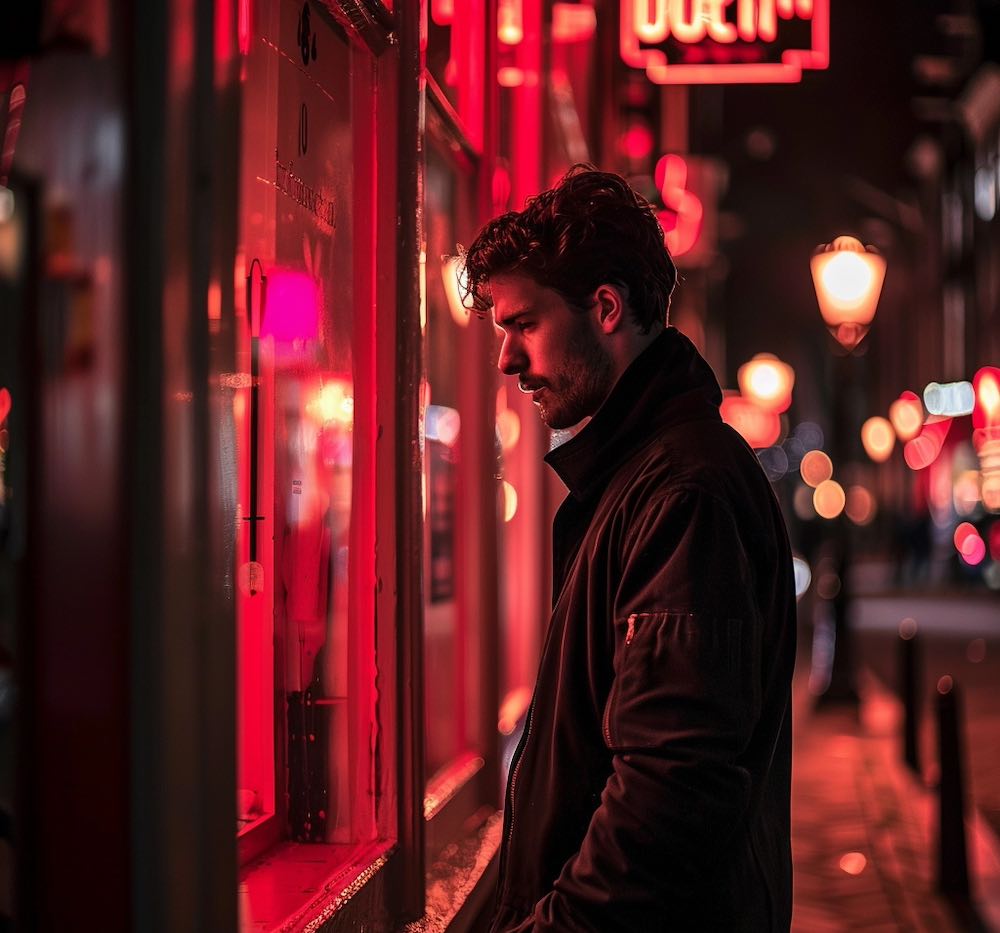 a male tourist looking into a red-lit window in Amsterdam Red Light District at night