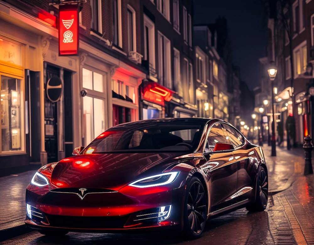 A bordeaux red electric car in Amsterdam City Centre at night