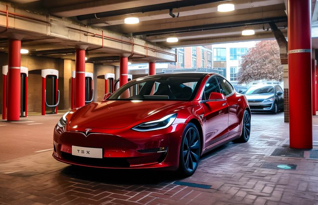 An electric, red car in the Park & Ride in Amsterdam during daytime