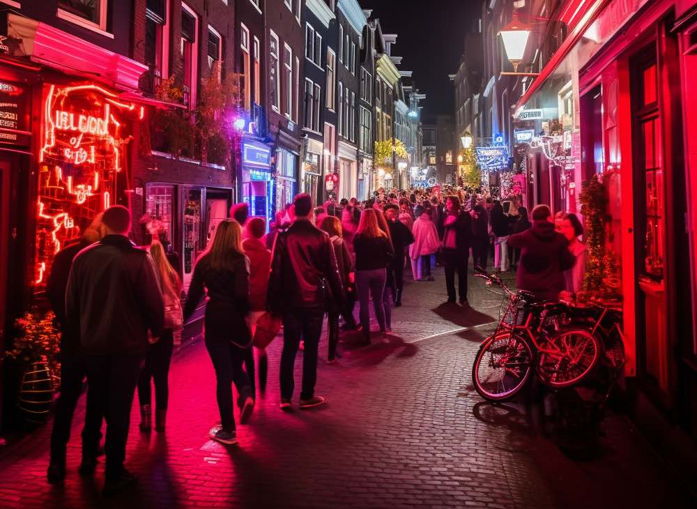 tourists walking in the Red Light District in Amsterdam at night with red-lit windows on the left and right