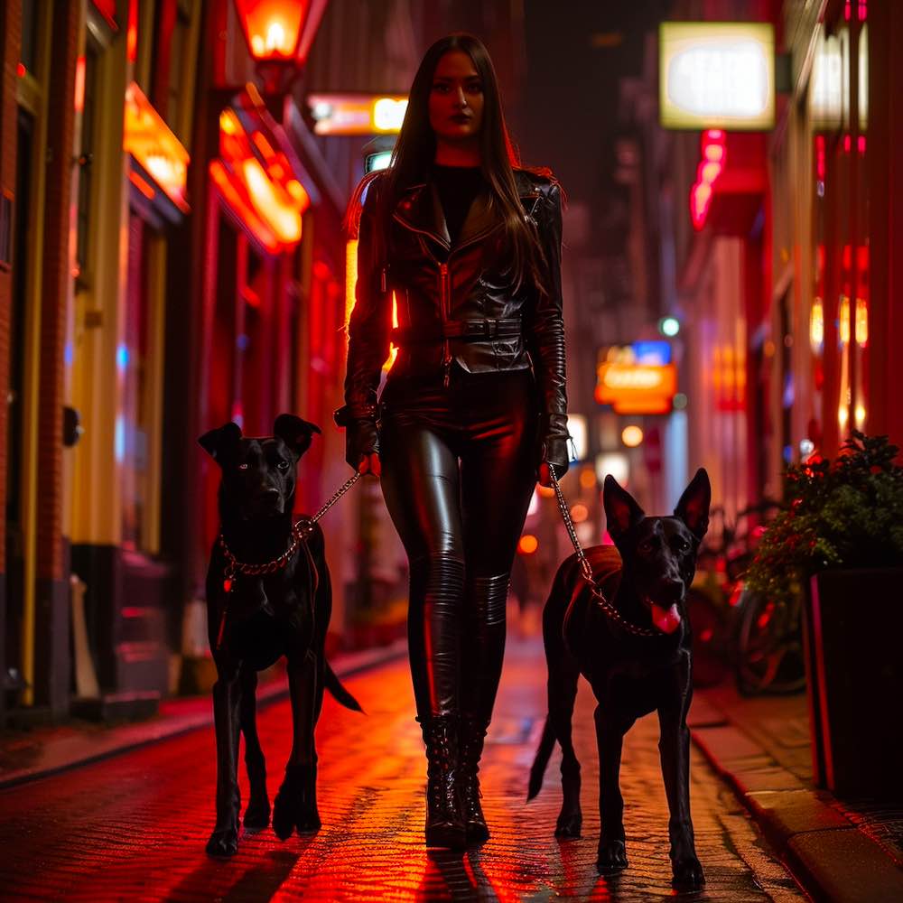 a woman in black leather outfit walking her black dogs in AMSTERDAM Red Light District at night in an empty street