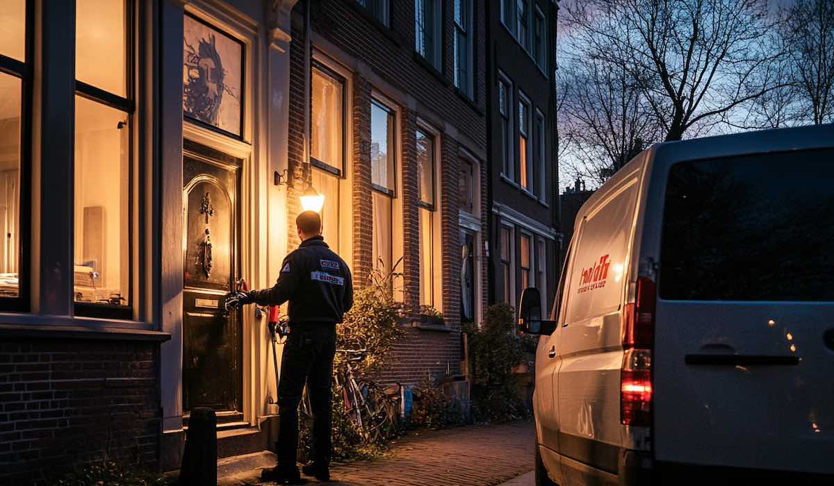 a locksmith in Amsterdam in front of a Dutch canal house in the evening
