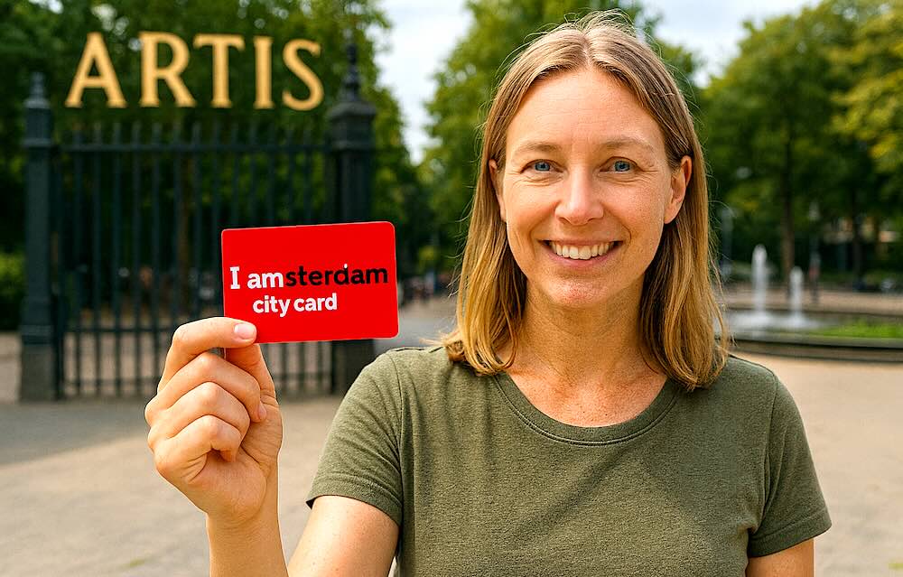a blonde woman in front of Artis Zoo holding the Amsterdam city pass in her right hand