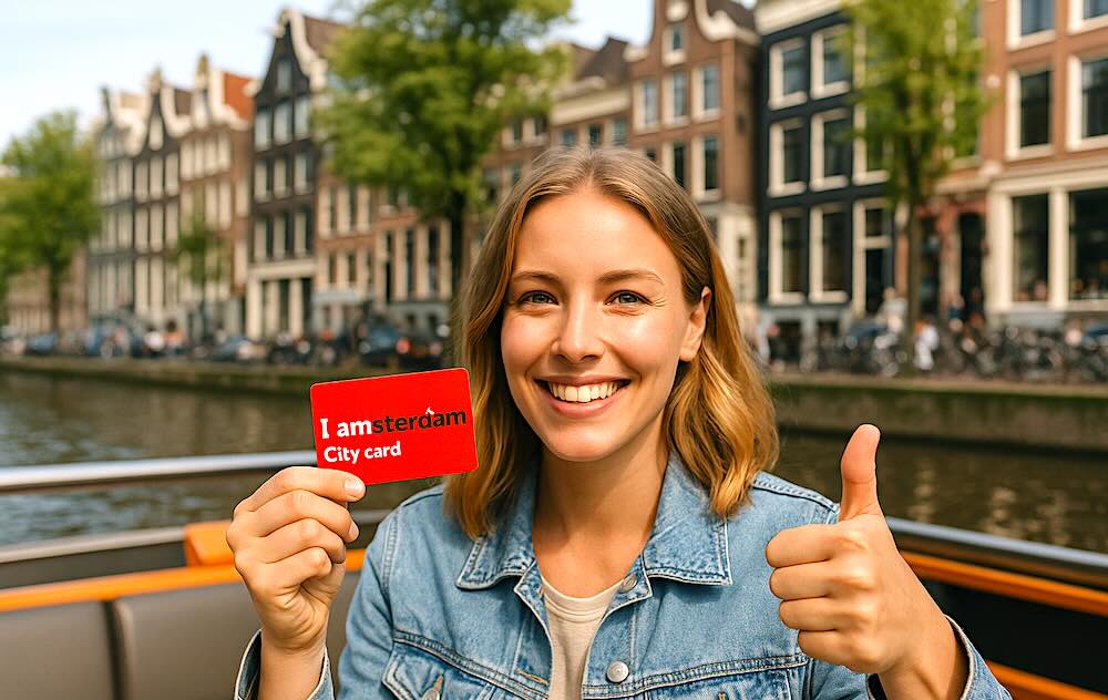 a blonde woman in an Amsterdam canal cruise holding the Amsterdam city pass in her right hand
