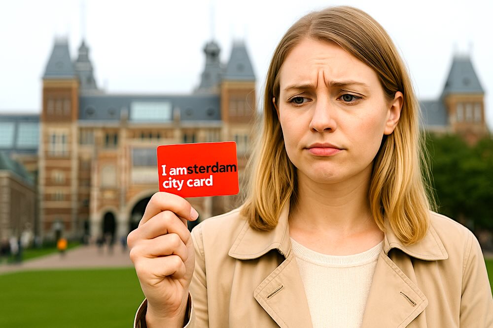 a blonde woman on the Museumplein in Amsterdam in front of the Rijksmuseum holding the Amsterdam city pass in her right hand
