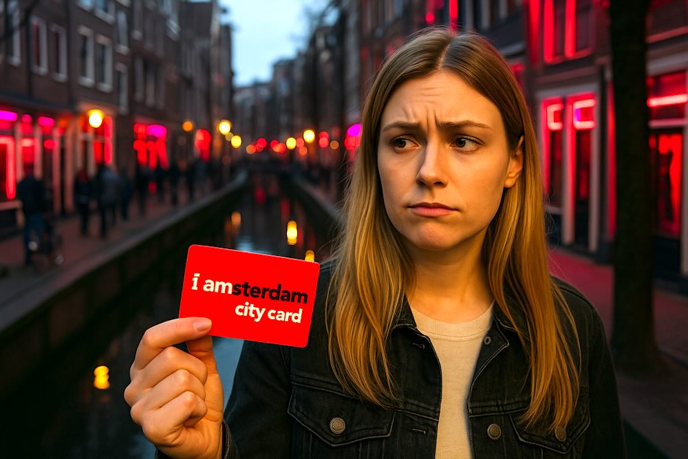 a blonde woman in Amsterdam Red Light District holding the Amsterdam city pass in her right hand
