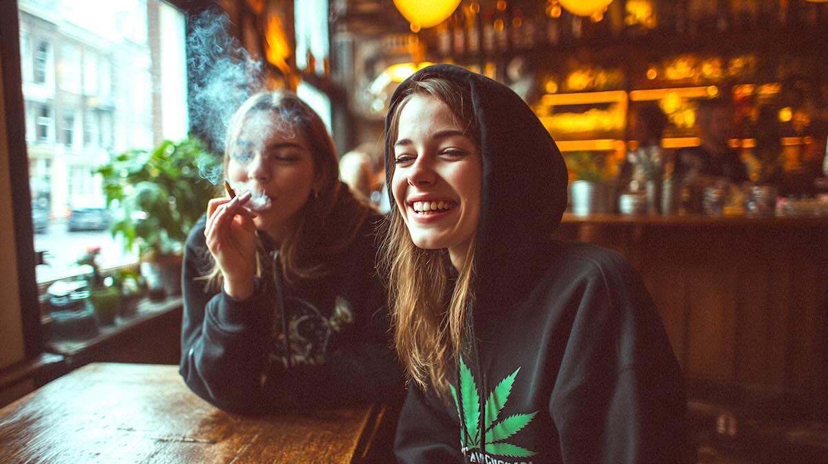 young female tourists wearing black hoodies with Amsterdam on it, laughing & smoking a joint, sitting in a stylish Amsterdam coffee shop interior, relaxed atmosphere, wooden tables, cannabis leaf motif subtly in décor, lifestyle photography, natural warm tones
