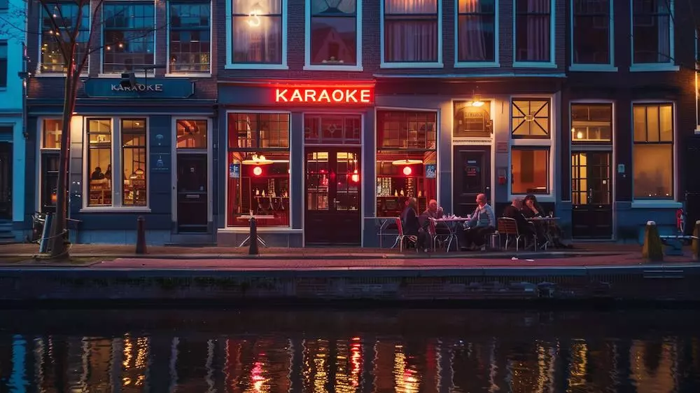 A canal-side karaoke bar in Amsterdam lit by red neon at dusk