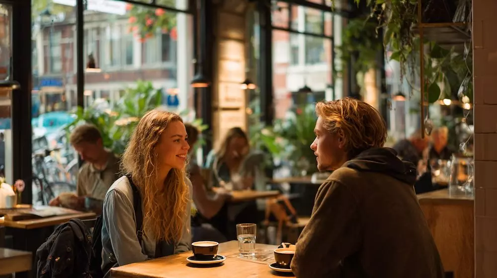 A couple on a date talking over coffee at a cosy Amsterdam cafe