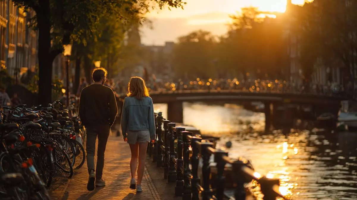 A couple walking along an Amsterdam canal at sunset - dating in Amsterdam