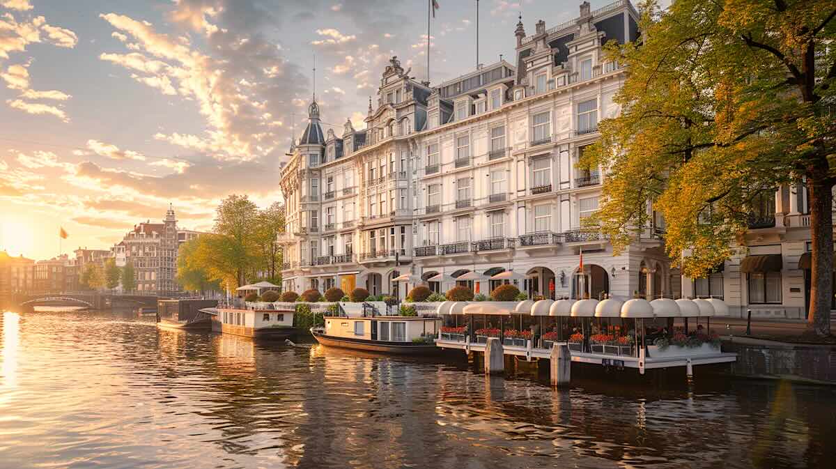 a luxury hotel in Amsterdam centre next to the Amstel river on a bright spring day.