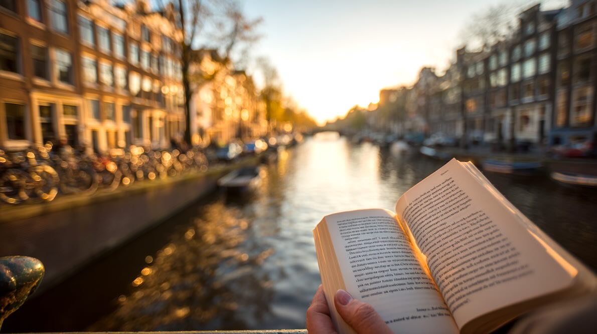 Amsterdam canal scene at golden hour with a person’s hands holding an open book in the foreground, soft bokeh bicycles and canal bridges behind