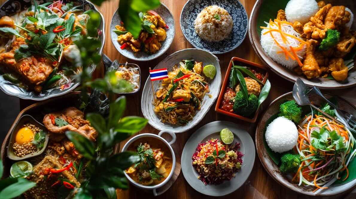 Overhead flat lay of authentic Thai dishes on a table: pad thai with chicken, little Thai flag, pad krapow, red curry, massaman curry, som tam, baked rice, fresh herbs and lime