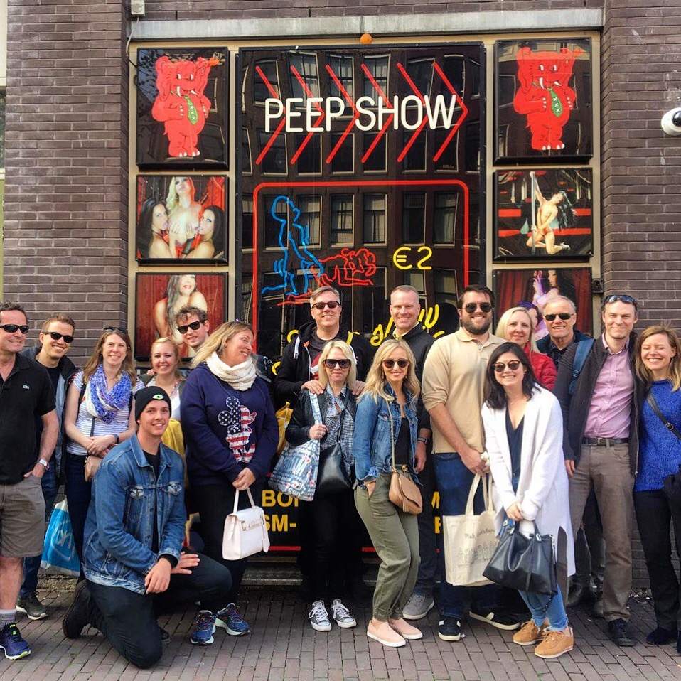 Amsterdam Red Light District walking tour group outside the Sex Palace peep show