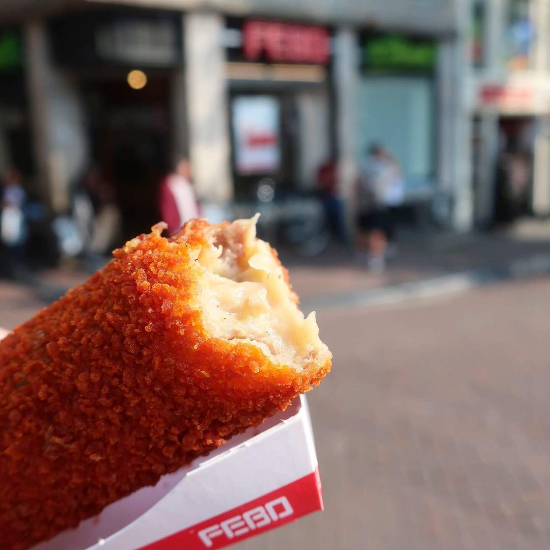 A freshly fried FEBO kroket near Amsterdam's Red Light District