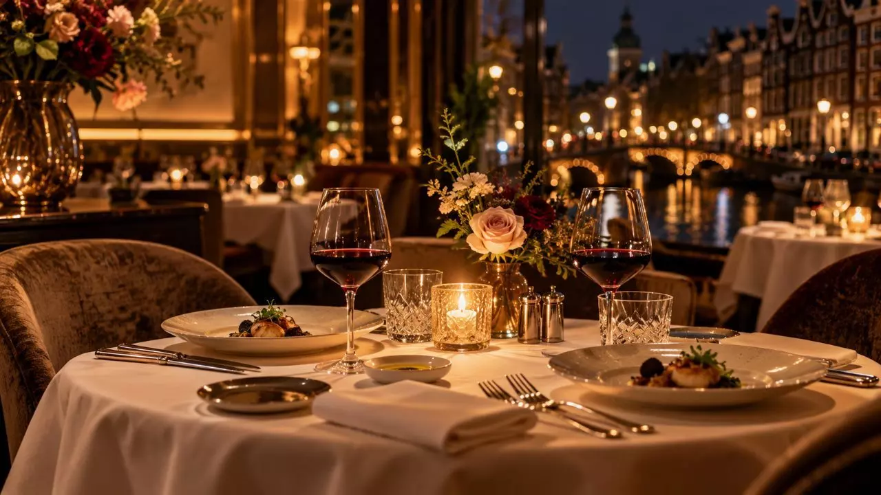 candlelit fine-dining table for two in Amsterdam, the girlfriend-experience date before the evening continues to a hotel