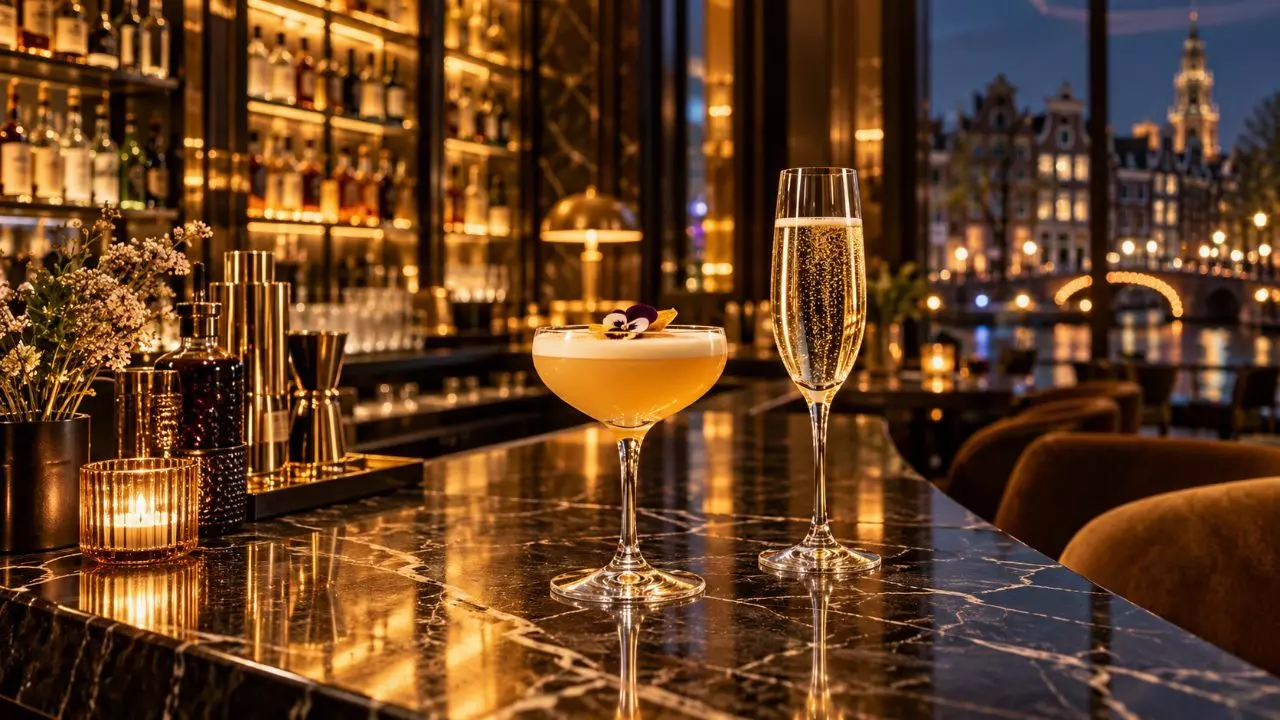 upscale Amsterdam hotel cocktail bar at night, a typical setting where a high class escort date begins