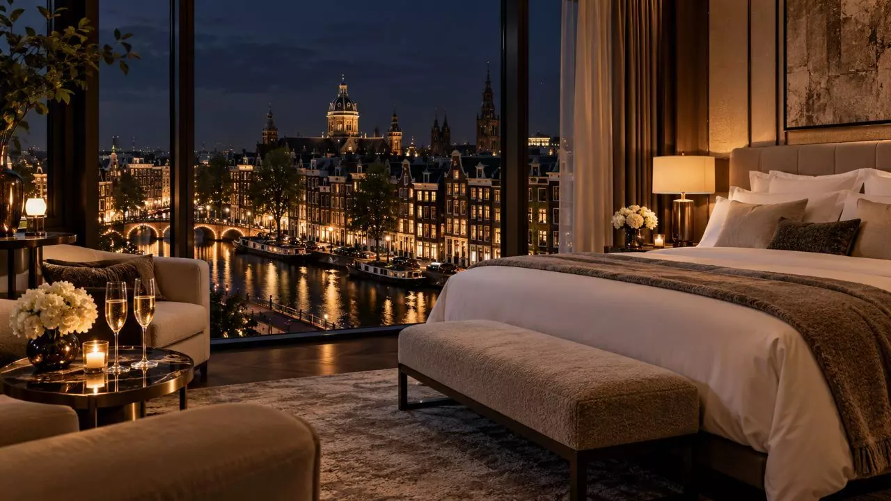 luxury Amsterdam hotel suite at night with champagne and canal view, ideal for an overnight high class escort booking