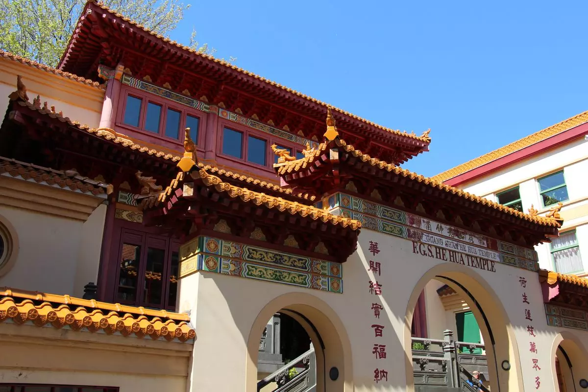 The ornate roof and FGS He Hua Temple sign on the Chinese Buddhist temple in Amsterdam