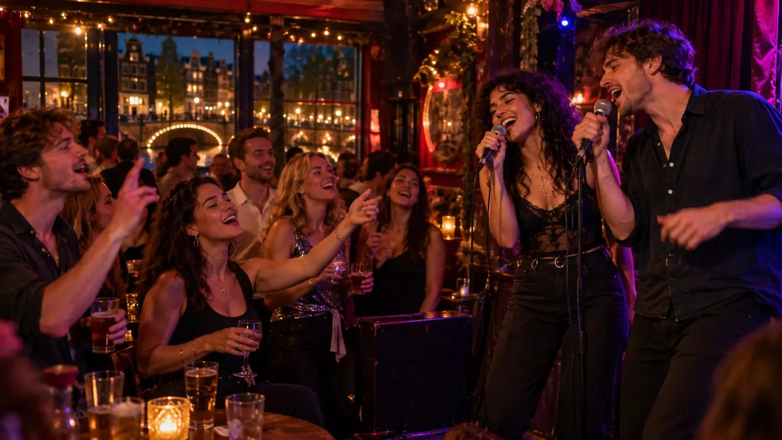 Friends singing at a karaoke bar in Amsterdam on a small neon-lit stage
