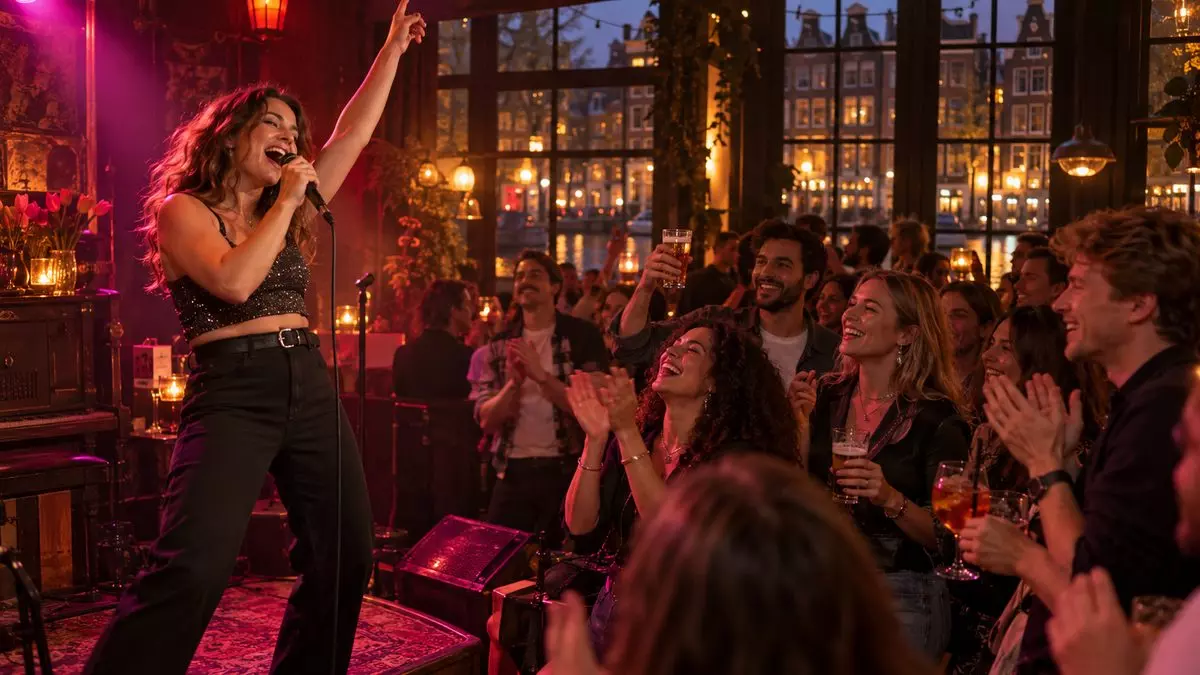 Singer on an open-stage karaoke night at an Amsterdam bar with a cheering crowd