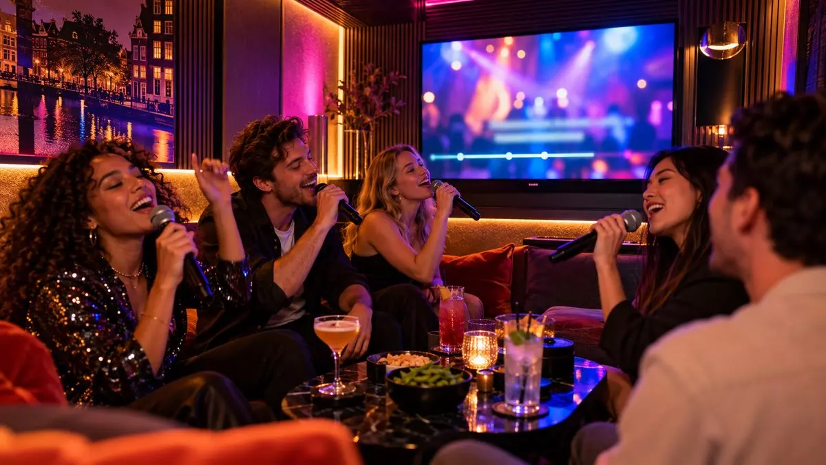 Group singing in a private karaoke booth in Amsterdam with a lyrics screen